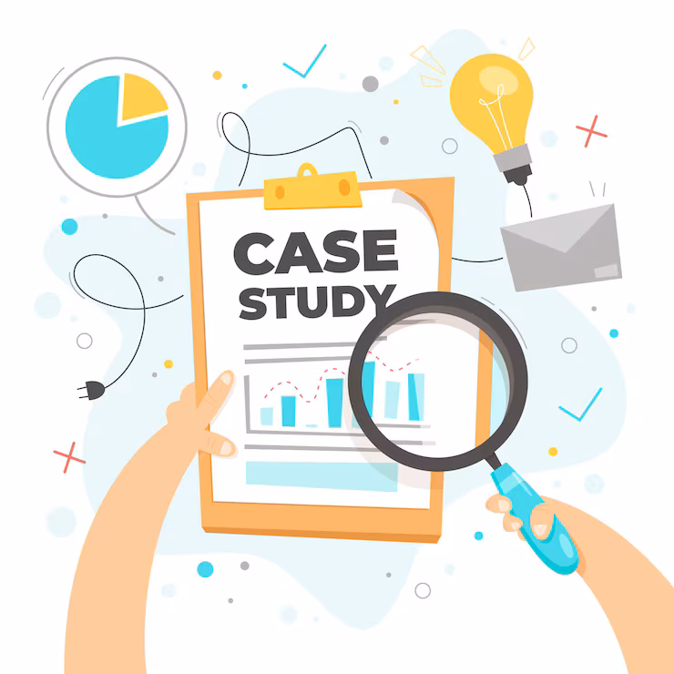 Case study illustration — clipboard, magnifying glass, and charts