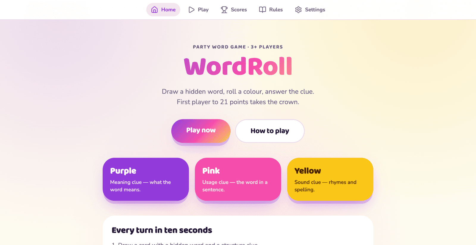 WordRoll homepage — Roll a Colour, Guess the Word