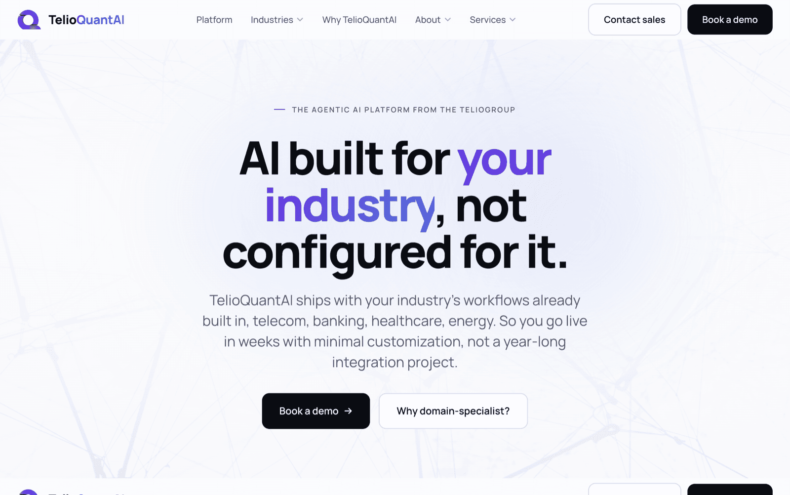TelioQuantAI homepage — the platform's current, fully-built state